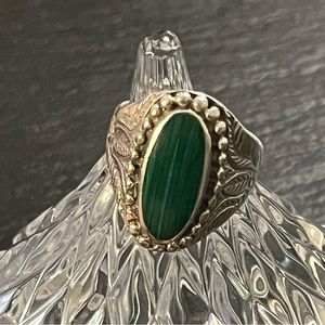 Malachite Art Deco Southwest Sterling Silver Ring Size 11